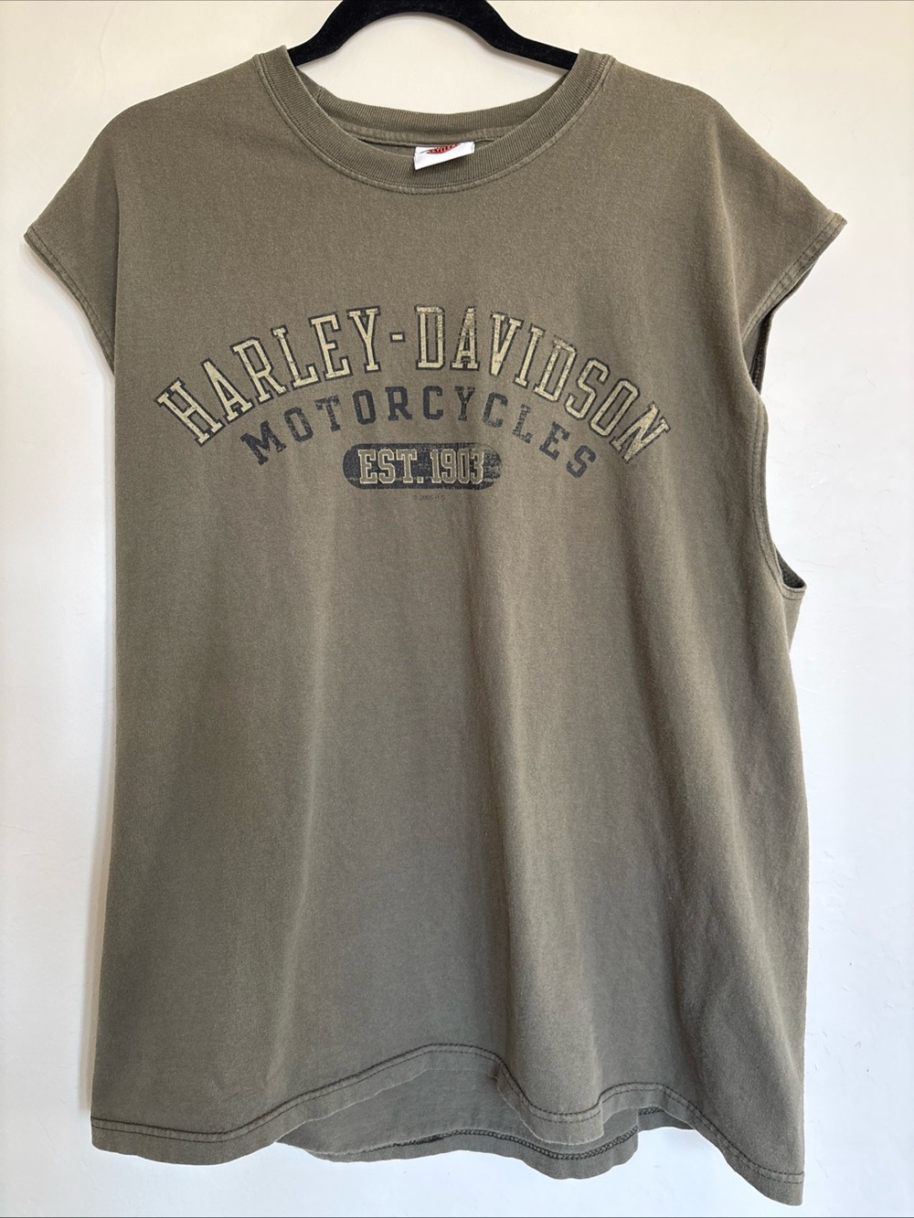 2005 Harley Davidson Muscle Tee Army Green Cut Off Shirt Manatee River Florida